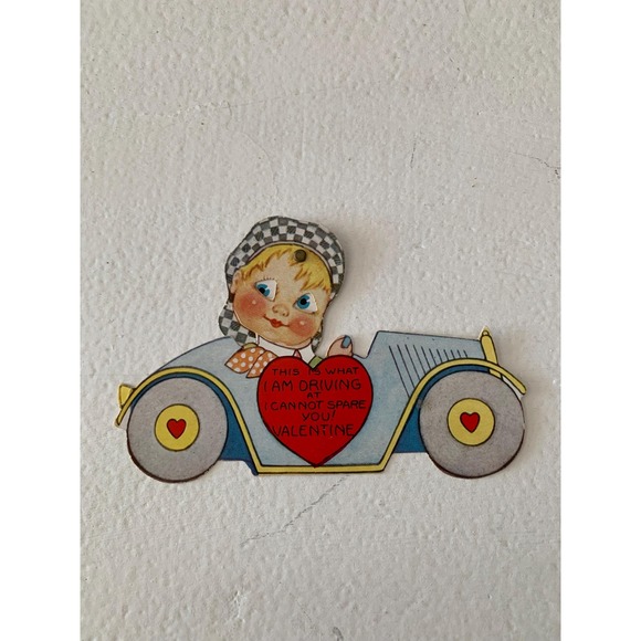 VTG Valentine Day Grade School Class‎ Card Boy Car Racing Mechanical Moveable - Picture 1 of 7
